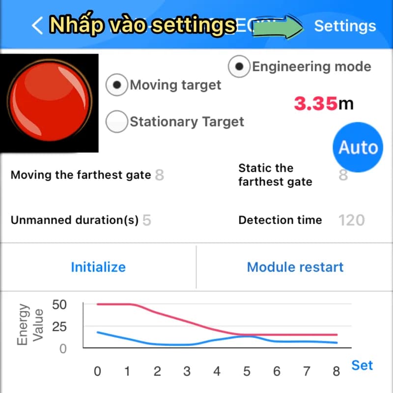 Màn hình chính app HLKRadarTool, nút Settings góc trên bên phải