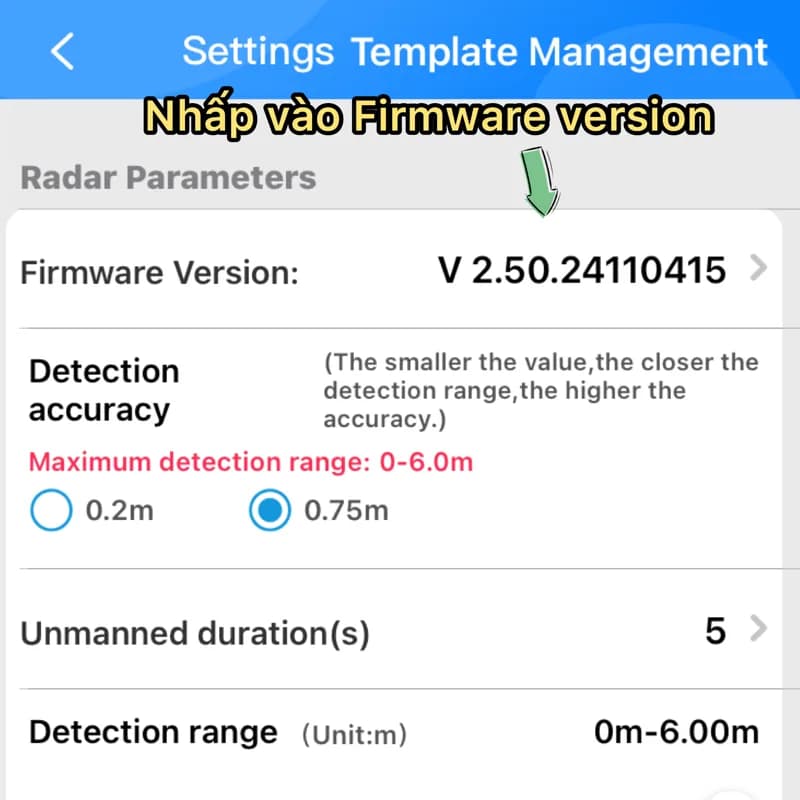 Màn hình Settings app HLKRadarTool, dòng Firmware Version