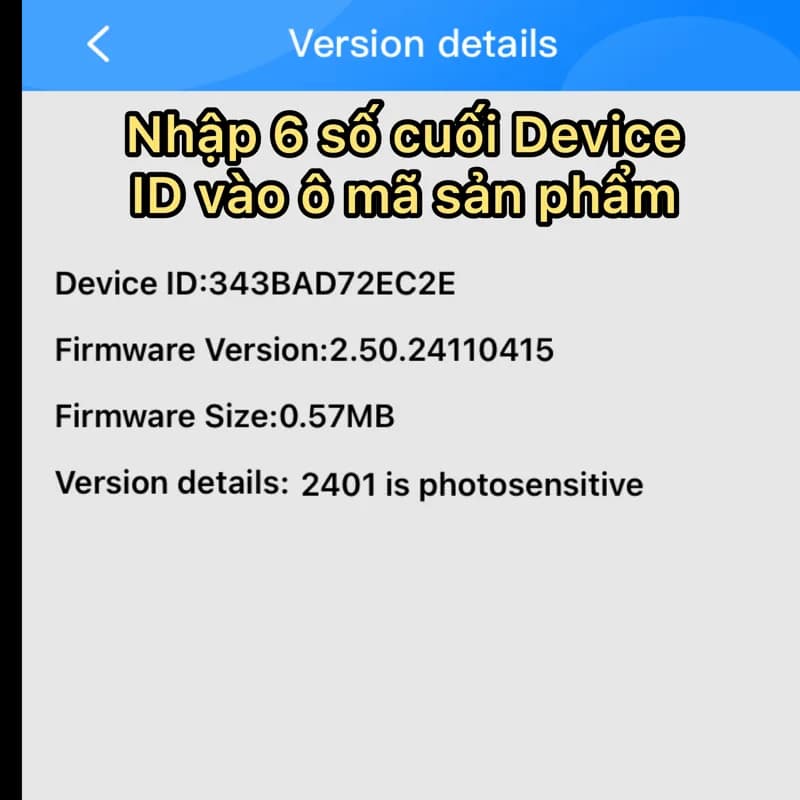 Màn hình Version details hiện Device ID của cảm biến radar