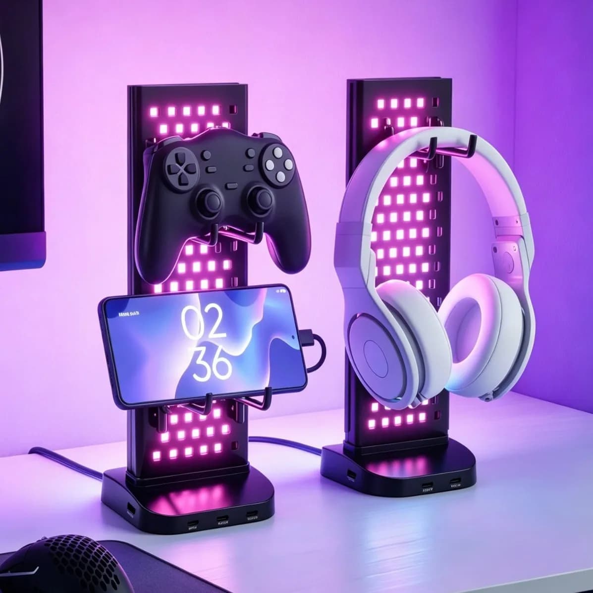 Đèn LED RGB Để Bàn Kiêm Giá Đỡ Tai Nghe & Tay Cầm Game – Sáng 2 Mặt, Bắt Nhạc - ảnh 1