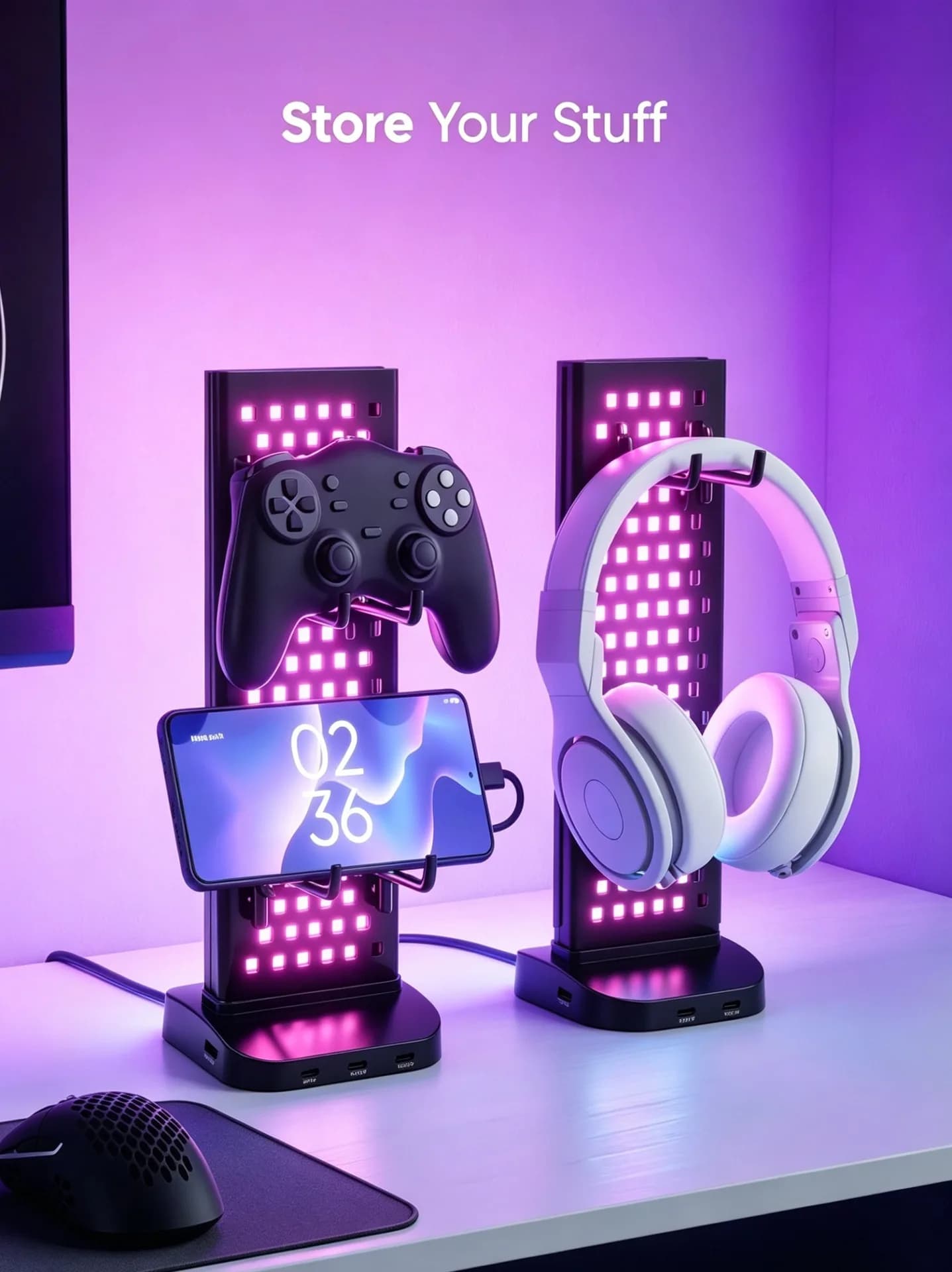 Đèn LED RGB Để Bàn Kiêm Giá Đỡ Tai Nghe & Tay Cầm Game – Sáng 2 Mặt, Bắt Nhạc - ảnh 4