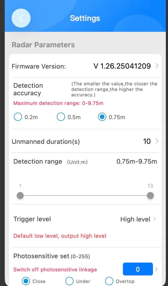 Trang Settings của app: độ chính xác, thời gian trễ, khoảng cách, trigger level, ánh sáng