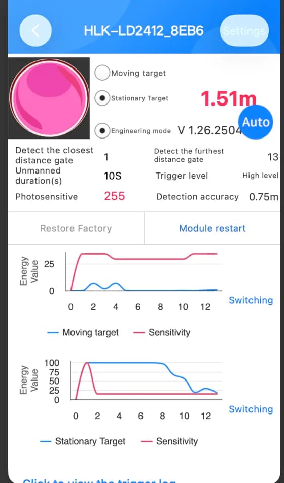 Màn hình chính app HLKRadarTool của cảm biến radar 9m