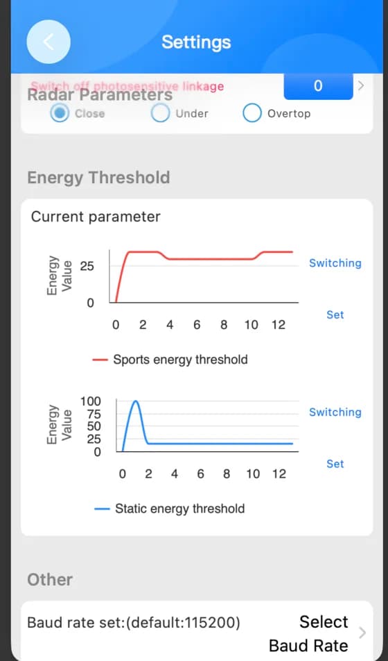 Mục Energy Threshold trong Settings: ngưỡng người di chuyển và người đứng yên