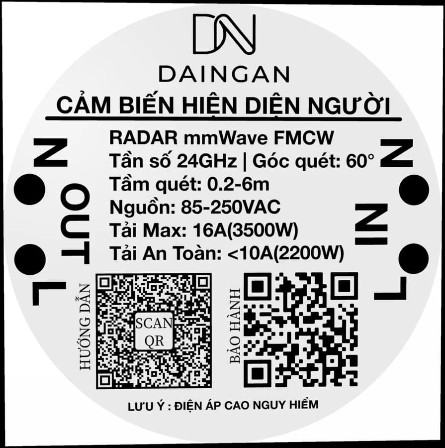 Nhãn mặt cảm biến: bên phải L-IN và N nối điện 220V, bên trái L-OUT và N nối ra đèn